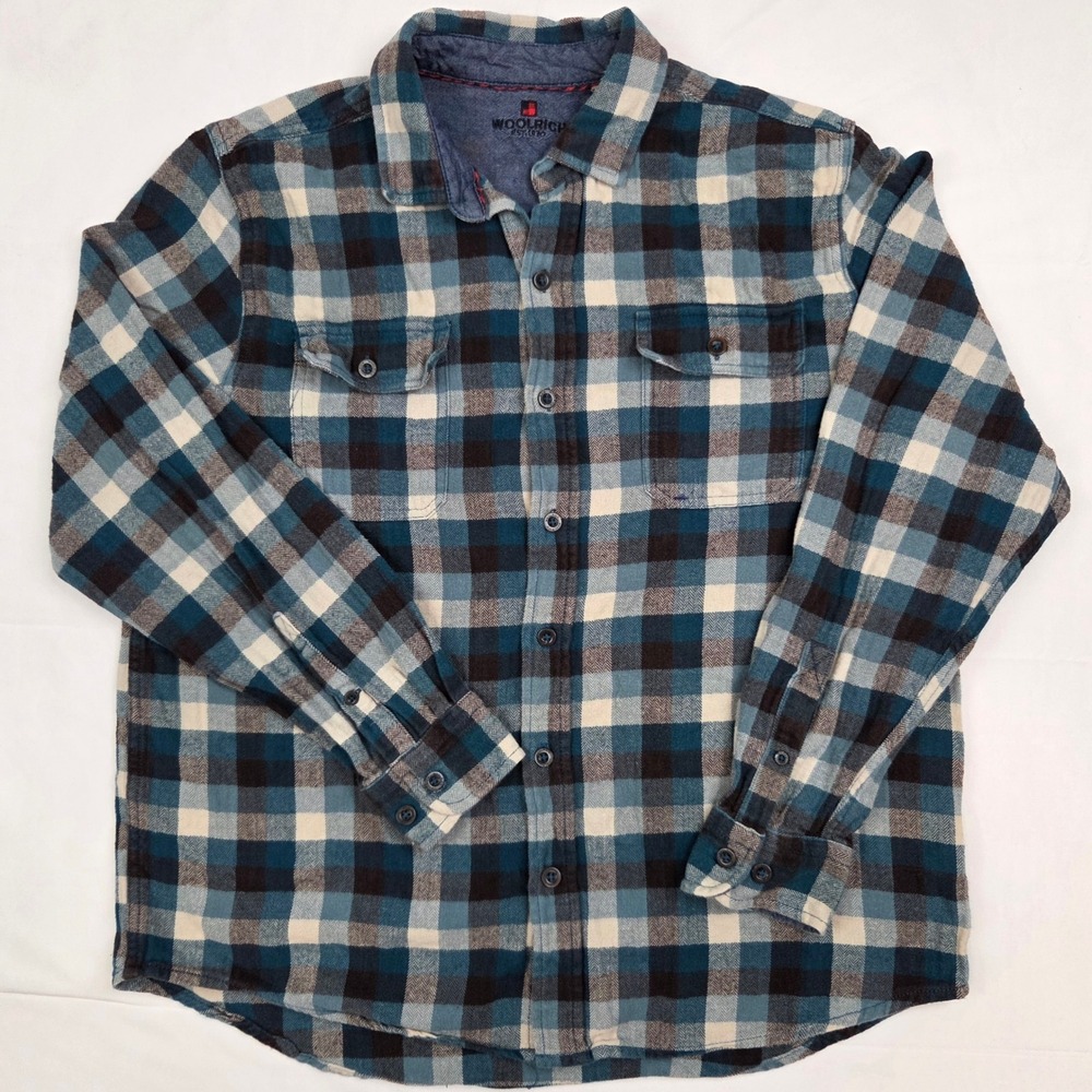 Woolrich Mens Flannel Shirt L Blue Plaid Herringbone Button Down Pocket Outdoor